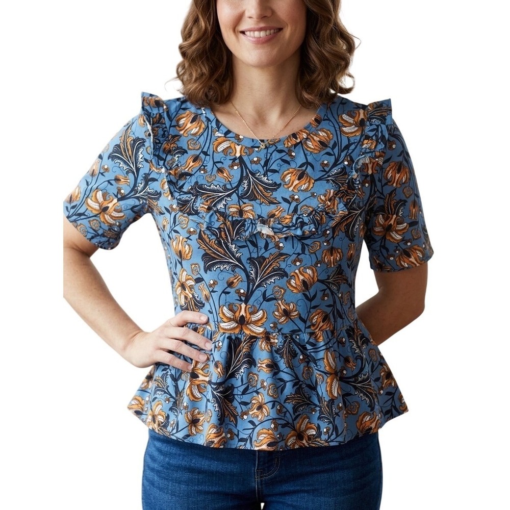 Zara  Women's Floral Ruffle Peplum Top Short Sleeve Bohemian Summer Blouse SZ S